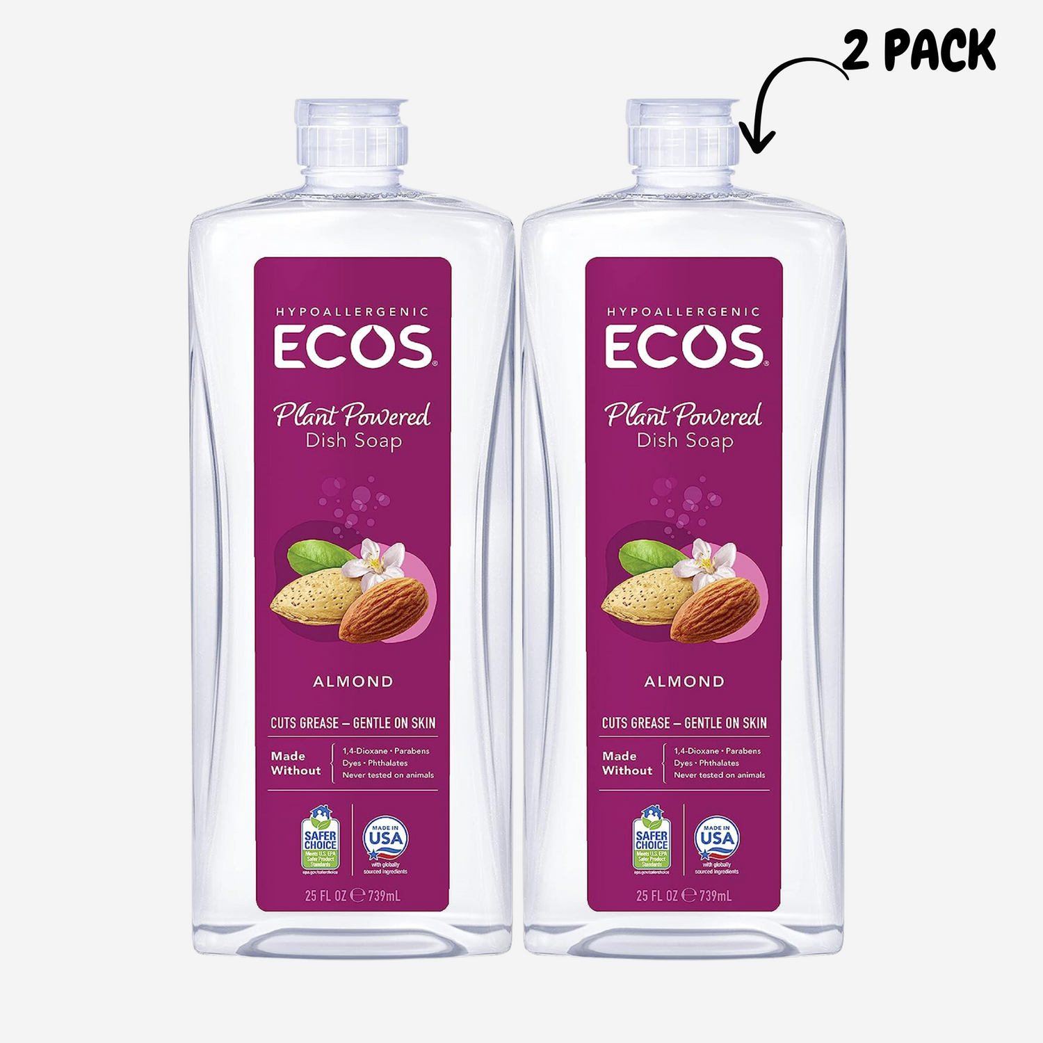 ECOS® Hypoallergenic Dish Soap, Natural Almond, 25oz Pack of 2