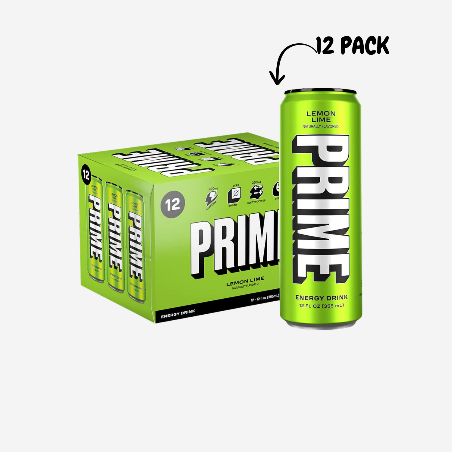 PRIME Energy LEMON LIME Zero Sugar Energy Drink Preworkout Energy 200mg