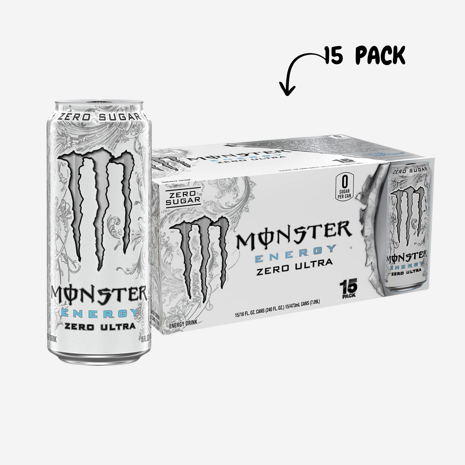 Monster Energy Zero Ultra, Sugar Free Energy Drink, 16 Ounce (Pack of 15)