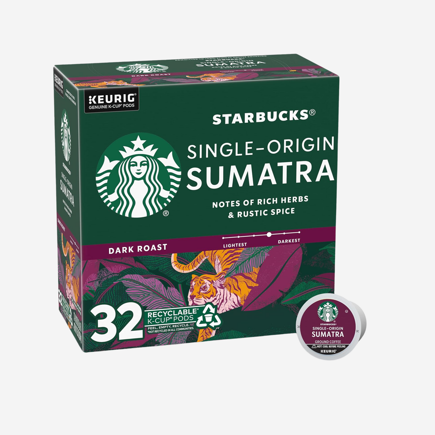 Starbucks K-Cup Coffee Pod Dark Roast Coffee—Sumatra 100% Arabica 1 box (32 pods)