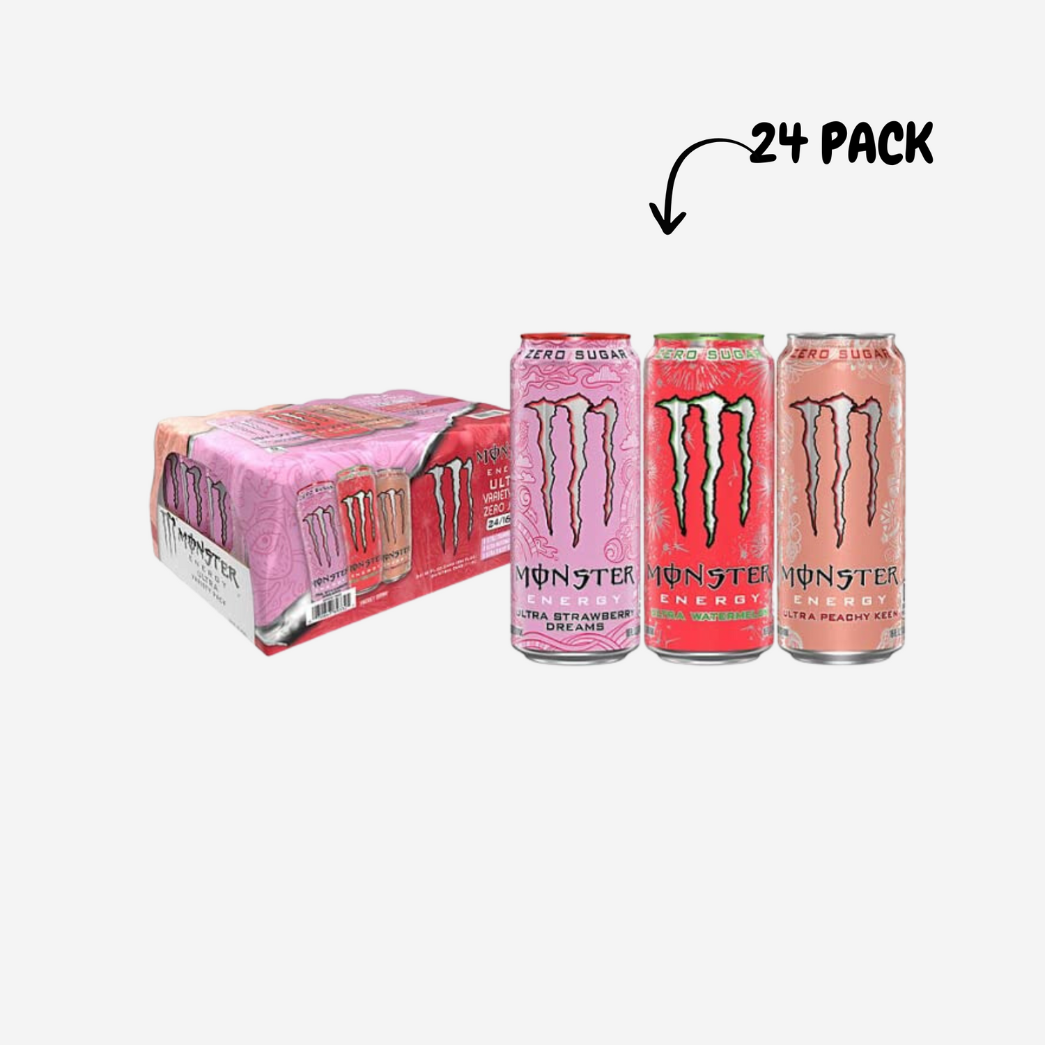 Monster Energy Ultra Variety Pack, Strawberry Dreams, Watermelon, Peachy Keen (16 fl. oz, 24 pk.)