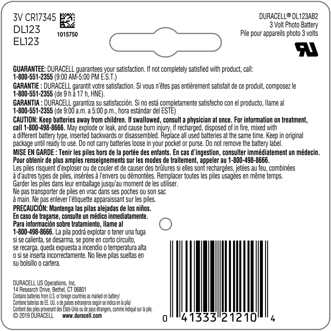 Duracell CR123A 3V Lithium Battery, 2 Count