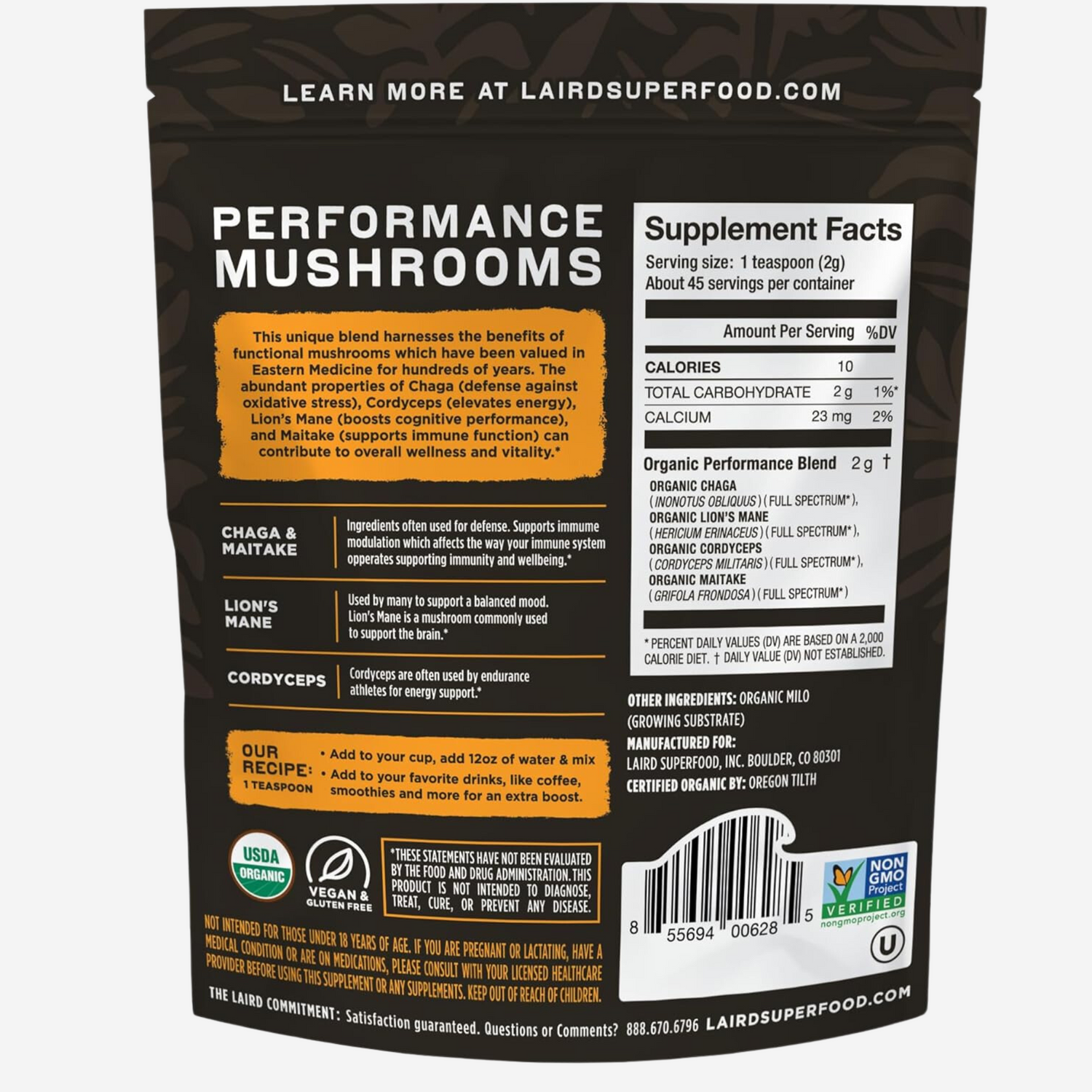 Laird Superfood Organic Performance Mushroom Blend with Chaga